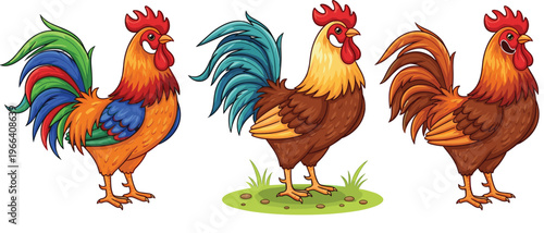 Colorful Rooster Illustration Set with Detailed Plumage and Various Poses for Farm, Poultry, and Animal Graphics