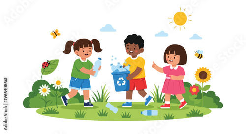 Three happy children work together to collect plastic bottles and place them in a blue recycling bin in a bright, flower-filled park.