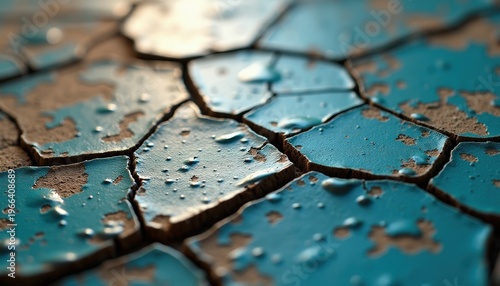 Close up of cracked dry earth with peeling turquoise paint and water droplets under natural light, showcasing textured
