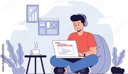 Man sits on chair with laptop and headphones in modern home office space