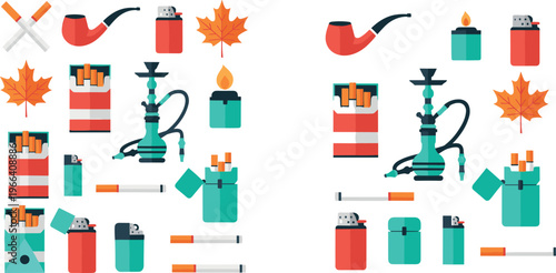 Tobacco and Smoking Accessories Illustration Set with Lighters, Cigarettes, Pipes, Hookah, and Flame Icons