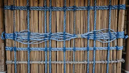 Wooden charpai with blue and white rope pattern, simple rural background
