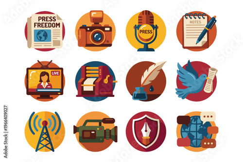 Vibrant Flat Icons for Press, Media, and Communication Concepts