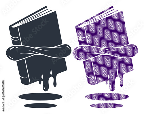 Melting books, dripping ink, purple and black, graphic elements, book icons, abstract designs