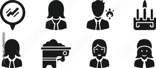Business icons show people celebrating with cake and speech bubbles