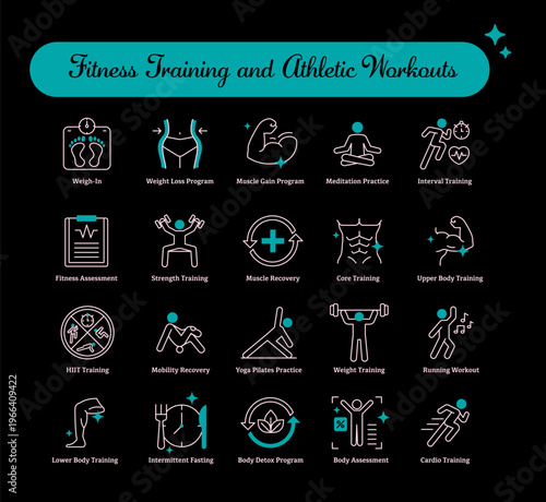 Fitness Training and Athletic Workouts icon, Structured Exercise Programs and Gym Routine Icons, Strength Cardio and Sports Performance Training Icons icon