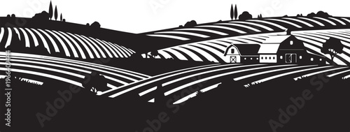 Black and white illustration of rural landscape with farm