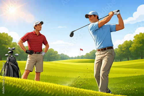 Focused golfers practicing their swings on a lush green course under clear skies