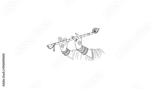 Radha Krishna Hands Playing Flute Line Art Indian Wedding Vector Illustration