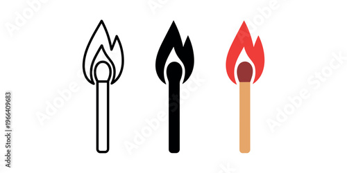 Matchstick in black line solid black and color fire flame line black 