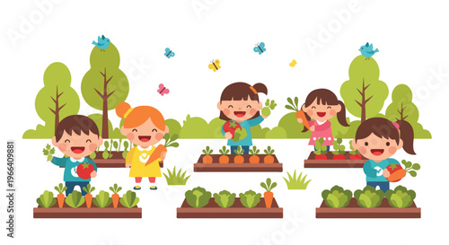 Five happy children are shown harvesting various vegetables like carrots, tomatoes, and cabbage in a lush green garden with trees and birds.