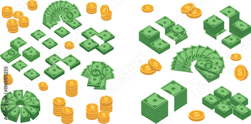 Vector Illustration of Money, Stacks of Cash, Dollar Bills, and Coins for Finance and Wealth Designs