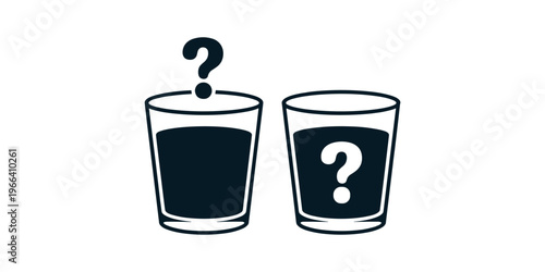 Two glasses with question marks dark liquid uncertainty mystery in white background