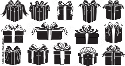 Collection of black gift boxes with ribbons and bows