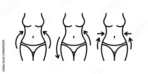 Woman's body with arrows indicating weight loss line black and white