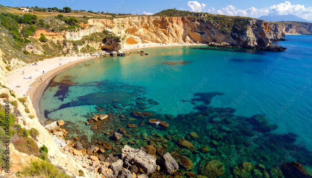 Obraz premium A serene coastal scene with turquoise waters and rugged cliffs