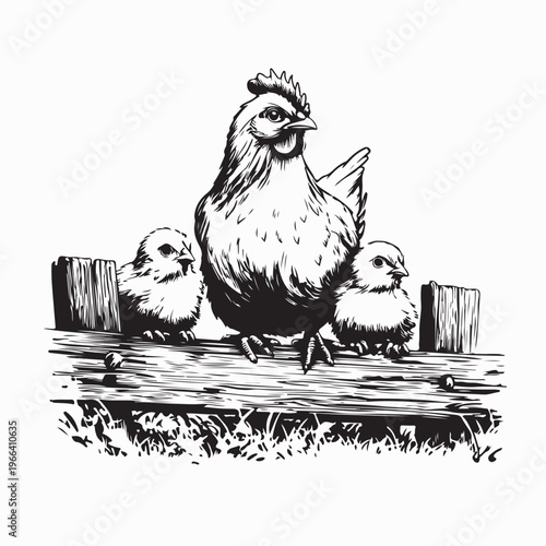 Mother Hen and Chicks Perched on Wooden Fence Vector Illustration