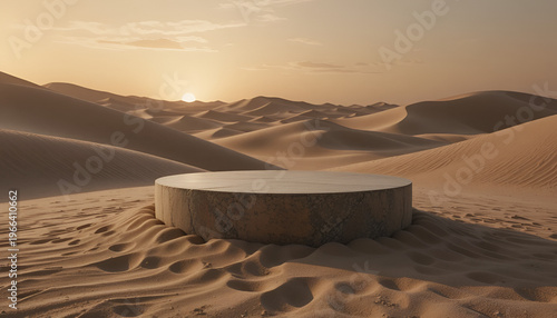 A serene desert landscape with a circular stone platform at sunset