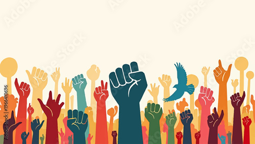 Diverse hands raised, colorful fists, protest signs, freedom concept, vector illustration
