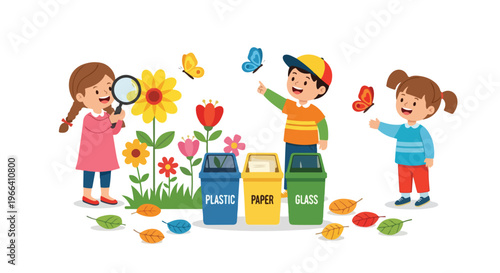 Three happy children explore nature and recycling outdoors with flowers, butterflies, and sorted waste bins in a fun illustration.