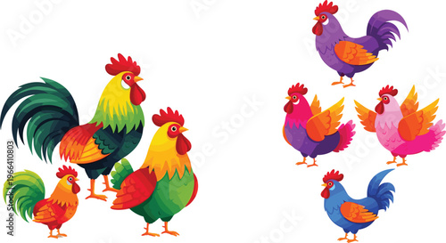 Colorful Rooster and Hen Set with Vibrant Feather Designs for Animal Illustrations, Farm, and Poultry Themed Graphics