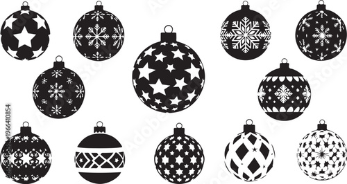 Black and white Christmas ornaments with various patterns isolated