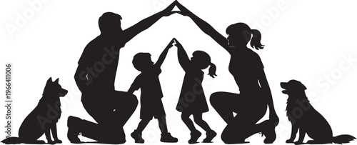 Silhouette of a happy family with two children and two dogs forming a house shape.