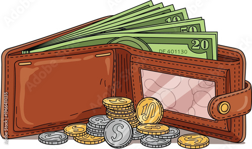 A brown leather wallet with cash and coins spilling out on a surface