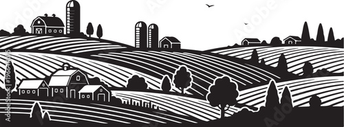 Rural landscape with farm and rolling hills in black