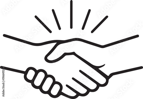 Simple black and white illustration of two hands shaking to symbolize a deal or agreement.
