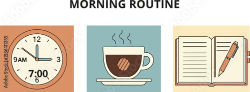 Morning routine scene with clock, coffee, and book on table indoors