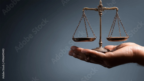 Justice scales, law balance, hand holding scales, justice symbol
