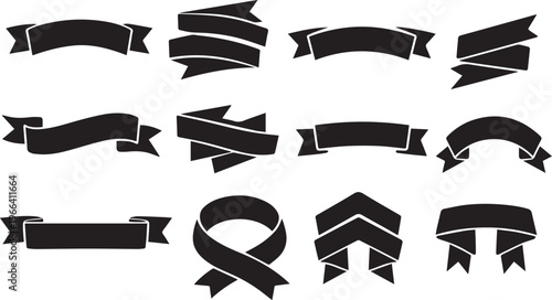 Set of various black ribbon banners and scrolls isolated on a plain white background.