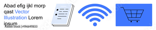 E-commerce, wireless communication, digital media, online business, internet technology, connectivity. wireless symbol with document and shopping cart. E-commerce and wireless communication concept
