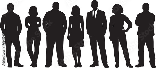 Black silhouettes of seven diverse professional people standing in a row against a white background
