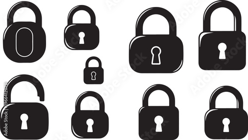 Collection of various black padlocks on white background icons