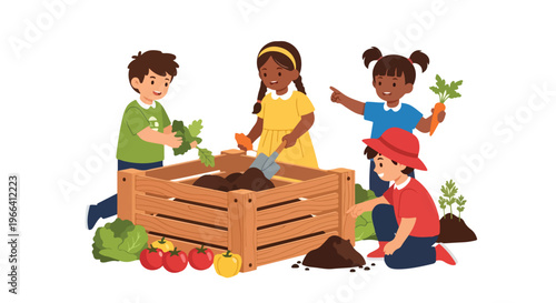 Four diverse children are happily learning about sustainable gardening and composting while working together with vegetables and soil in a wooden bin.