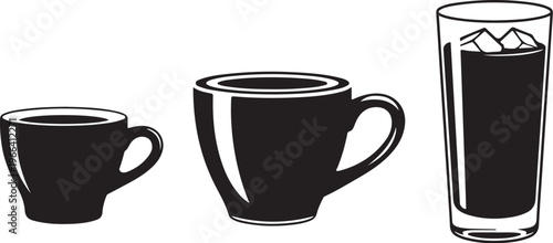 Black coffee cups and glass with ice illustration set