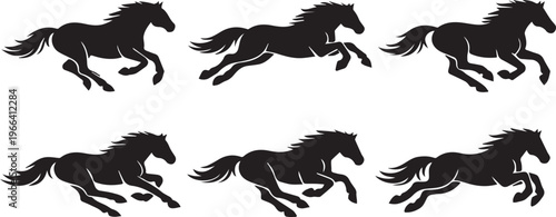 Collection of six black horse silhouettes galloping in different motion phases on a white background.