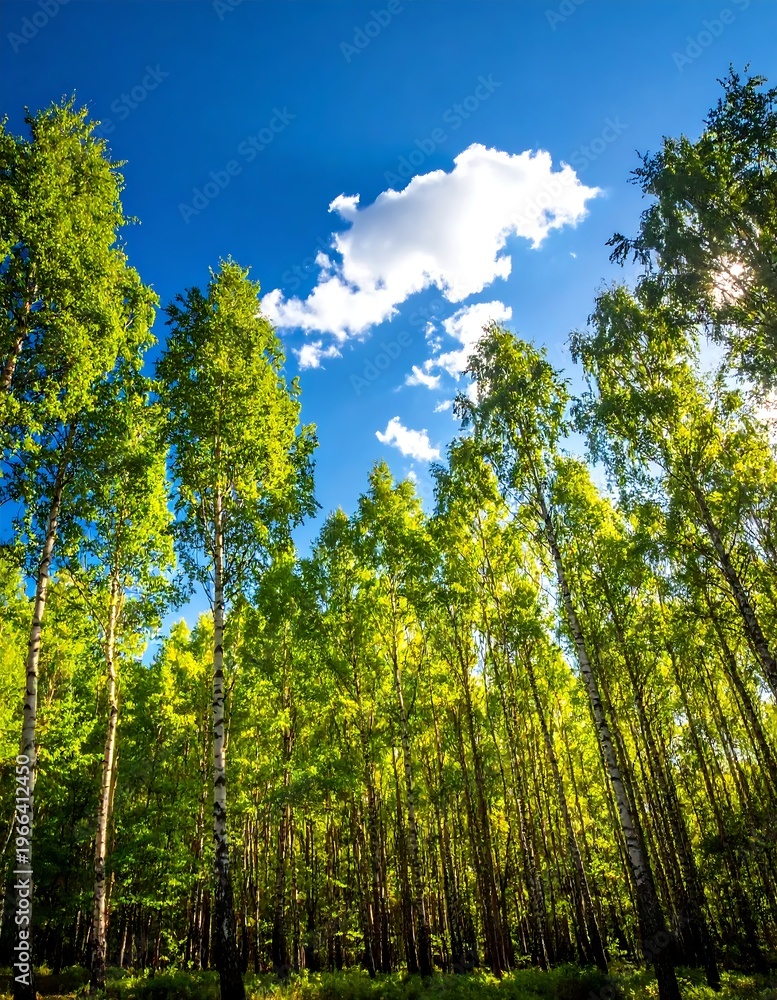 Fototapeta premium A serene forest landscape with tall trees and a blue sky