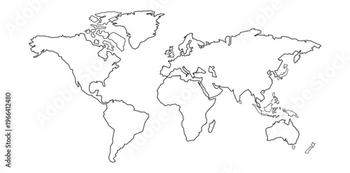 Isolated black and white outline world map showing continents, countries, and oceans representing global geography, navigation, and educational reference concept