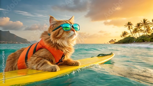 Fluffy orange tabby cat wearing sunglasses and life vest surfing on yellow board at tropical sunset beach