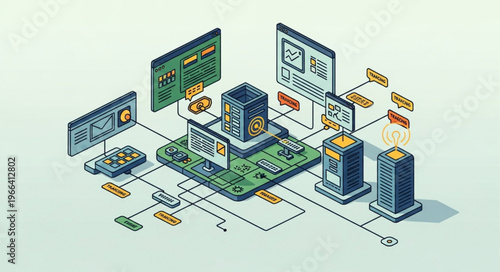 Isometric Network Architecture - Data Flow and Server Connections.