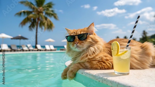Fluffy orange tabby cat relaxing by poolside with sunglasses and lemonade in tropical resort