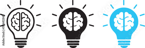 Three lightbulb icons with a brain inside symbolizing creative ideas and mental innovation