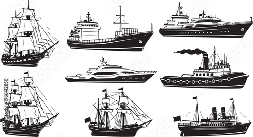 Collection of various ships and boats in black and white