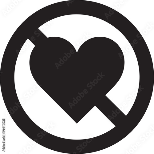 Conceptual prohibition symbol with a black heart inside indicating disapproval rejection or the absence of love against a plain neutral gray background representing negative