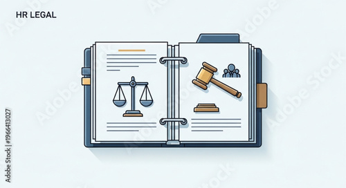 Open Legal Book with Scales of Justice and Gavel Illustration.