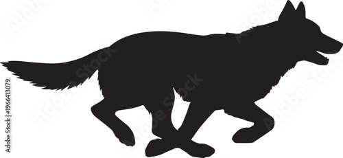 Black silhouette of a running wolf or dog isolated on a white background in side profile view.