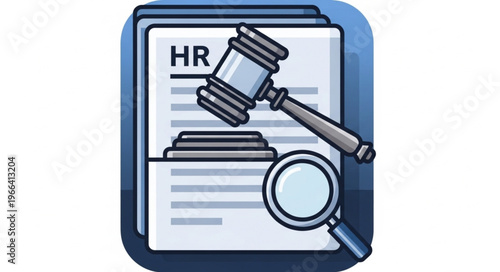 HR Compliance Illustration with Gavel, Magnifying Glass, and HR Documents.